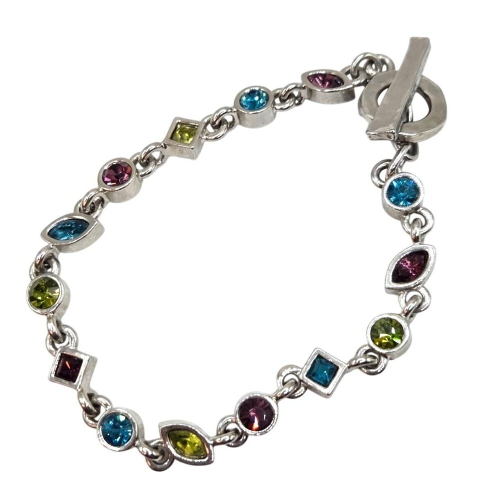 Silver Tone Bracelet With Multicolor Gemstone Links & Toggle Clasp